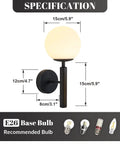 Set of 2 Dope Black Globe Wall Sconces With Milk Glass Shades specs showing dimensions and E26 bulb recommendation.