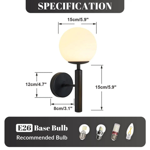 Set of 2 Dope Black Globe Wall Sconces With Milk Glass Shades specs showing dimensions and E26 bulb recommendation.