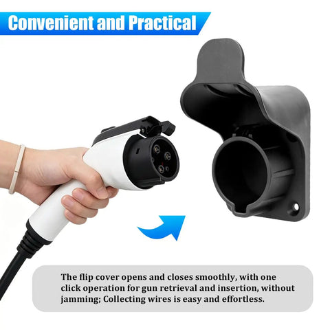 Rock Solid Wall Mount EV Charging Cord Holster Built With Hella Durable Nylon SAE J1772 Cable Organization System, hand holding EV plug.