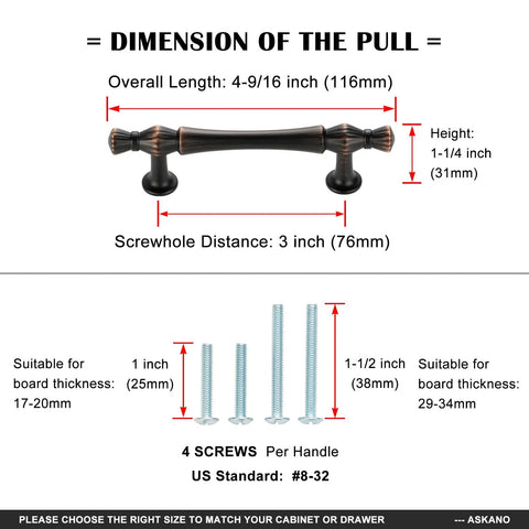 Diagram showing dimensions of 10 Pack 3 Inch Hole Centers Antique Brass Cabinet Pulls Vintage Brass Cabinet Hardware.