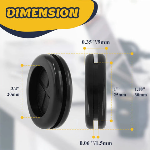 Side and front view of Six Pack Of Three Quarter Inch Rubber Grommets For Drill Holes And Firewall Wire Protection Double Sided Round Hole Plugs Kit Black Durable And Flexible