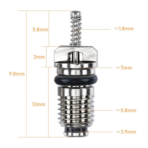 Close-up of valve core from 56 Piece R134a R12 AC Valve Core Kit With Quick Remover showing dimensions and brass material