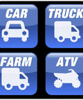 Four blue rounded-square icons in a 2x2 grid showing white vehicle silhouettes labeled CAR, TRUCK, FARM, ATV