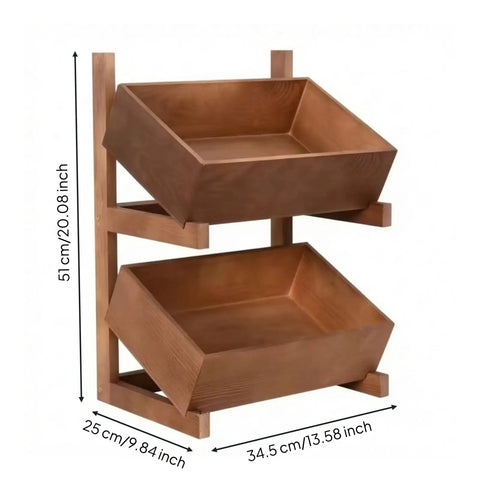 Two Tier Wooden Storage Shelf With Tilted Open Trays Walnut Finish Floor Standing Organizer Rack Minimalist Design showing measurements.