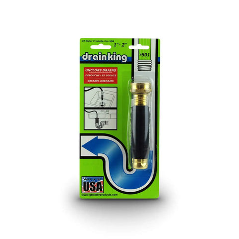 Water Powered Drain Cleaner product in packaging, fits 1 to 2 inch drains, designed to unclog bathroom sinks, showers, and pool drains