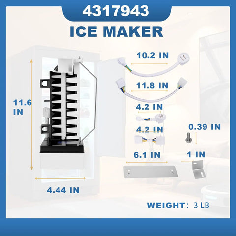 Dimensions and parts for Upgraded 4317943 Refrigerator Ice Maker Assembly Replacement for Multiple Major Brands