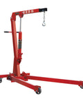 Heavy Duty Steel Hydraulic Engine Hoist With Folding Frame And Four Position Reinforced Boom Two Thousand Pound Capacity Garage Shop Crane Mechanics on wheels.