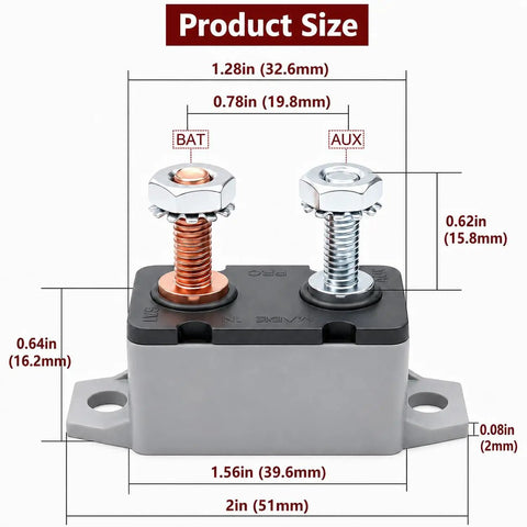 4 Pack 30amp Automatic Reset Circuit Breaker With Cover Dc 12V To 24V Resettable Overload Protector dimensions and mounting details.