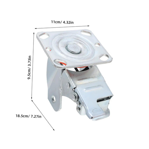 Badass Heavy Duty Swivel Caster Bracket 4 Inch Rotatable Steel Wheel Frame With Brake close-up view with dimensions shown.
