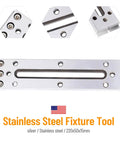 Stainless steel fixture tool with multiple bolt holes, 220x50x15mm, shown in different angles for jewelry and industrial machining.