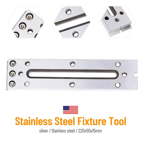 Stainless steel fixture tool with multiple bolt holes, 220x50x15mm, shown in different angles for jewelry and industrial machining.