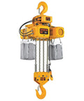 Heavy Duty Electric Chain Hoist 20000 Lb Capacity 20 Ft Lift 3 Phase Motor with yellow hooks.