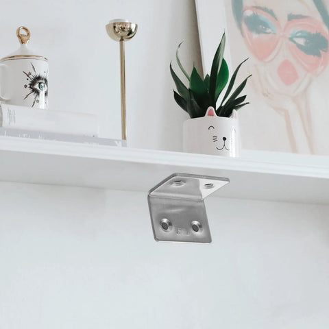 10 Piece 304 Stainless Steel Corner Brackets For Wood And Plastic 90 Degree L Shaped Shelf Braces shown supporting a white shelf