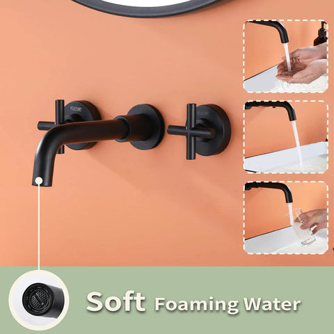 Matte Black Wall Mount Bathroom Faucet With Two-Handle Design, Honeycomb Spout For Less Splash, 8 Inch Center Rough-In Valve Included