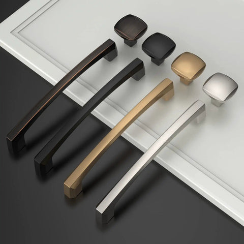 Kickass Five Inch Matte Black Kitchen Cabinet Handles Ten Pack showing various styles, finishes, and shapes for modern renovations.