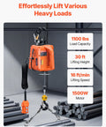 3 In 1 Electric Hoist Winch 1100 Lb Capacity 1500W Portable Power Winch lifting metal rods in garage