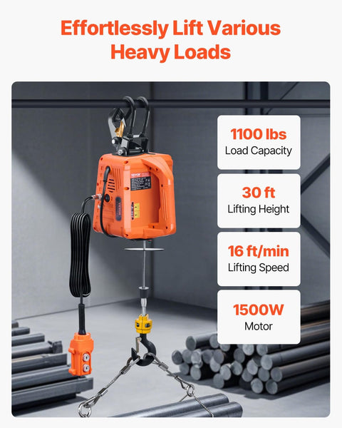 3 In 1 Electric Hoist Winch 1100 Lb Capacity 1500W Portable Power Winch lifting metal rods in garage
