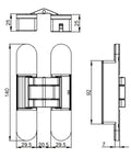 Technical drawing of Hidden 3D Adjustable Door Hinge For Concealed Flush Mount Installation with measurements.