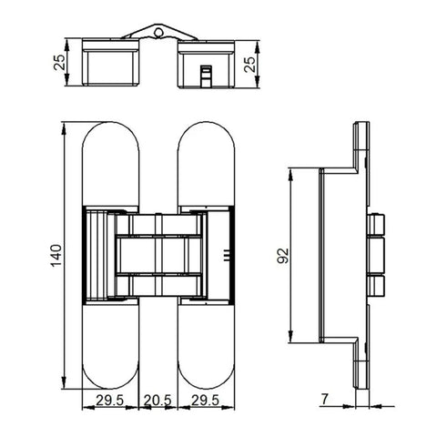 Technical drawing of Hidden 3D Adjustable Door Hinge For Concealed Flush Mount Installation with measurements.