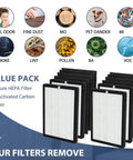 ProHEPA 9000 Replacement Filters For VEVA ProHEPA 9000 Air Cleaner Includes Four True HEPA Filters And Eight Activated Carbon Filters shown with benefits