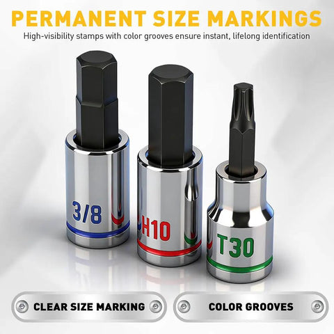 Pro Grade 21-Piece Hex And Torx Socket Set With Magnetic Rail Organizer, Three Eighths Inch Drive, S2 Steel Bits And Chrome Vanadium Sockets displaying permanent size markings