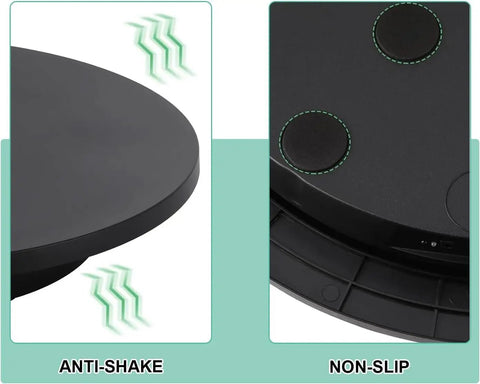 Upgraded 360 Degree Electric Turntable Display Stand With Remote Control For Professional Product Photography And Video Shoots showing anti-shake feature and non-slip surface.