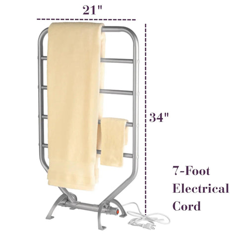 Traditional Towel Warmer Rack For Bathroom, 34 Inch Nickel Finish, Four Bar, Free Standing Or Wall Mounted, Multipurpose Dryer For Towels Garments And More, RTS Model, showing dimensions and electrical cord