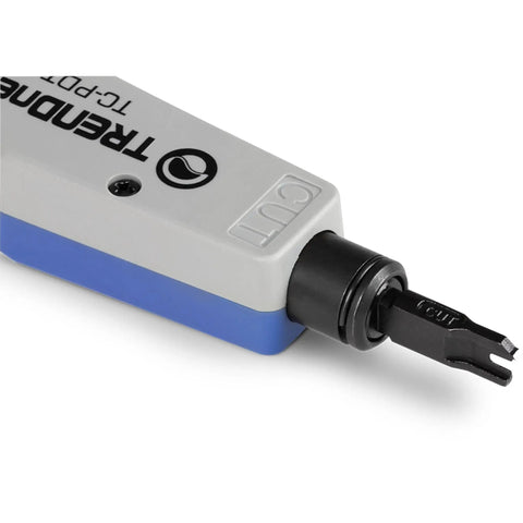 Close-up of gray punch down tool with 110 and Krone blades for Cat5e to Cat6a network cables, interchangeable reversible blades