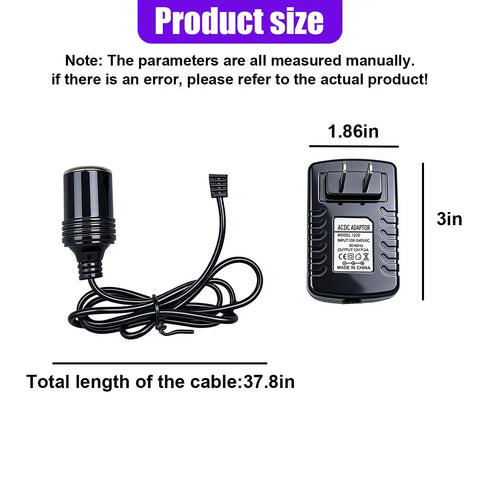 Ready Rock Solid 12V 2A AC To DC Converter With Cigarette Lighter Socket Adapter For Cars And Trucks showing dimensions and cable length.