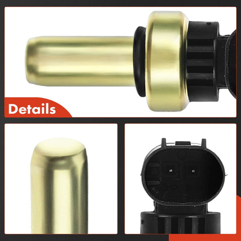 A-Premium coolant temperature sensor with brass body and black connector; side view with tip close-up and connector end.