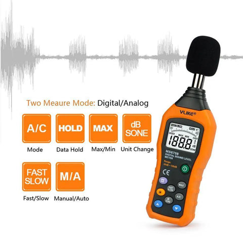 Orange LCD Digital Decibel Meter For Real Time Sound Level Readings From 30 dB To 130 dB With AC Mode Handy Portable Monitor