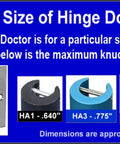 Chart displaying Hinge Doctor sizes for different hinge knuckles with images of HA1, HA3, HA4 tools and an example door hinge.