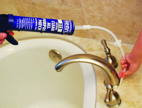Flextension Caulking Tube Tip Set for Mess Free, Dripless Caulk Gun Nozzles used on bathtub faucet with 180 degree bend.