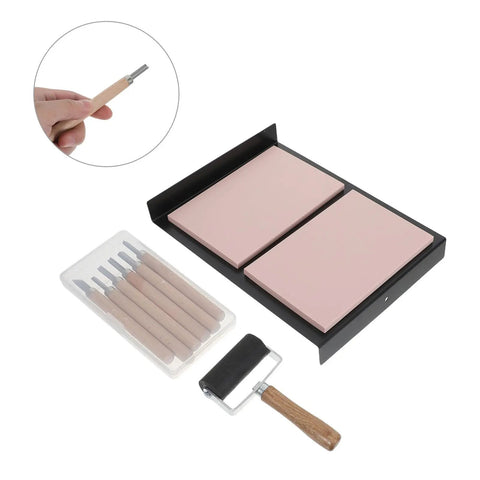 Newbie Friendly Rubber Stamp Carving Kit With 10 Blocks And Angled Knife For DIY Crafting Ink Roller For Even Ink Distribution Easy Carving Tools For Makers And Stamp Enthusiasts, two pink rubber blocks, knife set and roller