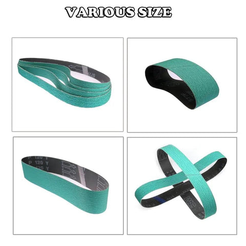 Zirconium Oxide Sanding Belts 120 Grit Hardcore Self Sharpening Aggressive Cut 630mm X 50mm Continuous Loop displayed in various sizes.