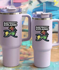 Two purple mugs with 'Electricity Explained' sticker featuring cartoon volts, amps, ohms for engineers and STEM students