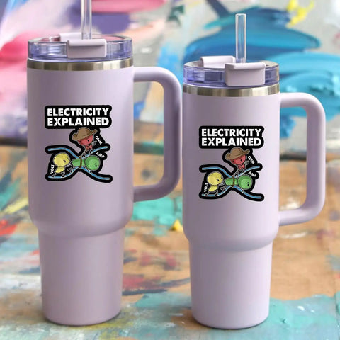 Two purple mugs with 'Electricity Explained' sticker featuring cartoon volts, amps, ohms for engineers and STEM students