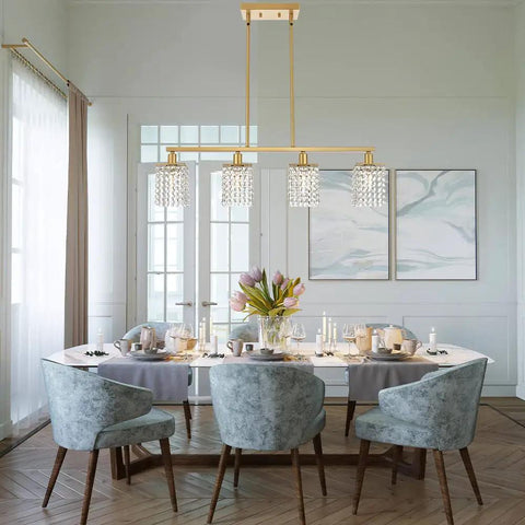Crystal Linear Chandelier 4 Light Brushed Brass Farmhouse Pendant For Dining Room And Kitchen Island Gold Mid Century Modern Rectangle Hanging Light With Raindrop Crystals And Flush Mount Totally Lit hanging over dining table