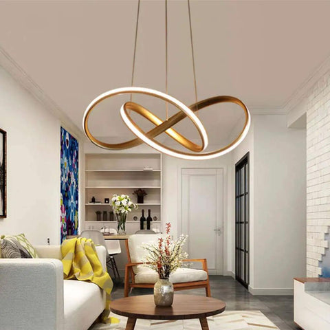 Dimmable Pendant Light With Remote Dope Modern Gold Chandelier LED Lamp hanging in a living room with modern decor