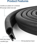 Close-up of automotive door weather stripping: black rubber EPDM sponge seal with internal metal clips
