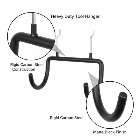 Heavy Duty Carbon Steel Pegboard Hooks For Garage Organization And Workshop Setup, matte black tool hangers in close-up