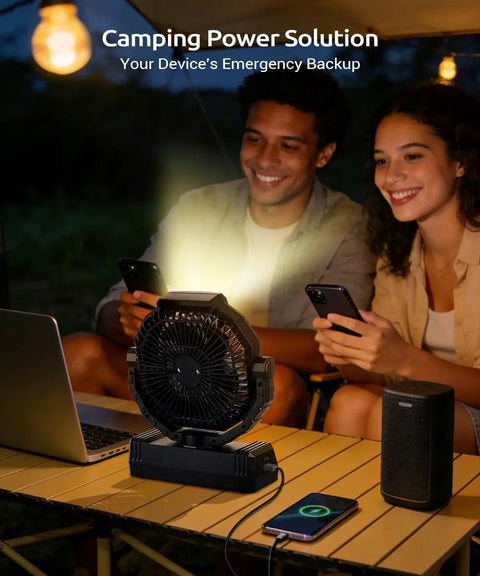 Portable Camping Fan With Lights And 20000mAh Rechargeable Battery on table, charging devices, USB powered outdoor fan