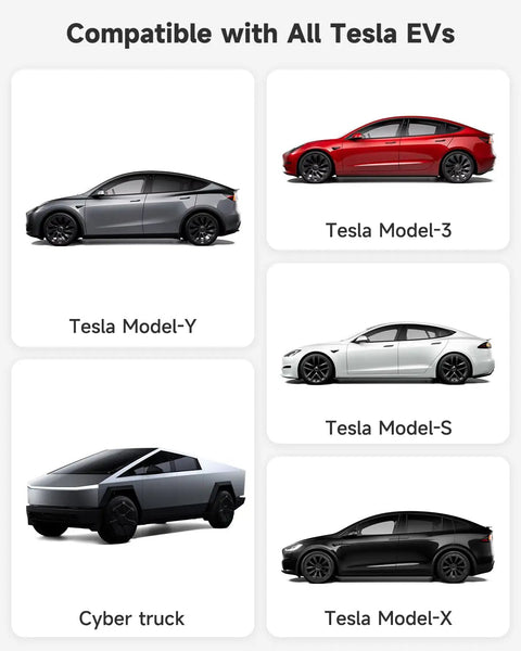 Image showing Tesla EV models compatible with Tesla EV Charger Extension Cable 32A 21Feet NACS for Level 1 and Level 2 Charging.