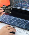 Person holding Pocket Engineer Mini Tool Set Metal Ruler Protractor Compass 3 Inch Metric and Imperial Scale by a laptop