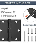 Contents of Six Pack Three And A Half Inch Matte Black Door Hinges Featuring Square Corners Removable Pins And Full Screw Kit.