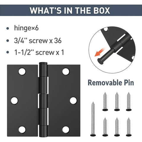 Contents of Six Pack Three And A Half Inch Matte Black Door Hinges Featuring Square Corners Removable Pins And Full Screw Kit.
