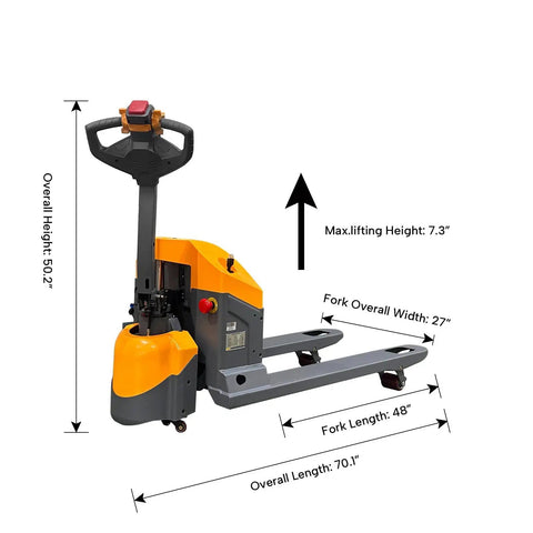 ApolloLift Electric Pallet Jack 3300 Lbs Capacity With Full Battery Charger And Easy Walkie Control For Warehouse Jobs. Side view with dimensions.