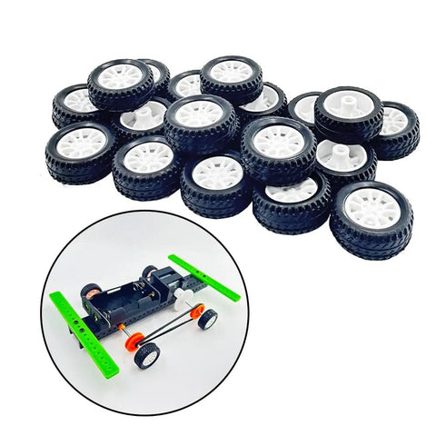 DIY RC Car Wheel Set With 20mm Small Rubber Tires And 2mm Round Shaft Axles, shown with assembled toy car chassis