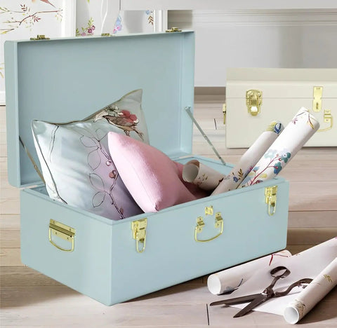 Dope Decorative Metal Storage Trunks With Heavy Duty Locking Hardware And Grippy Handles Super Sleek Pair Of Secure Chests For Dorm Rooms And Chill Living Spaces In Crisp White And Cool Blue