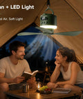 Heavy Duty 18 Inch Rechargeable Ceiling Fan With Bright Led Light And Huge 15600 mAh Battery For Gazebo Patio And Rv Camping hanging inside a tent with two people enjoying soft light.